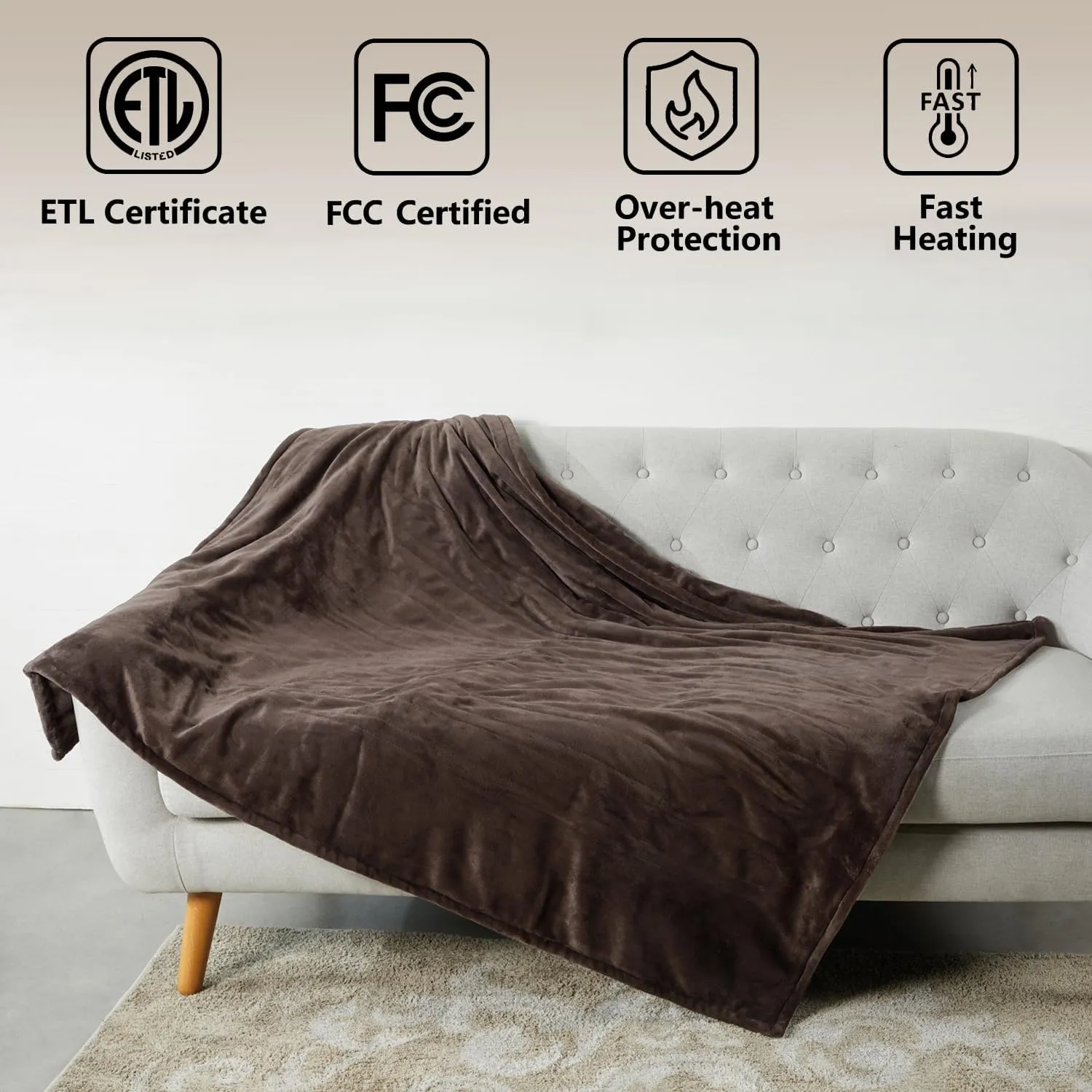 Tefici Electric Heated Blanket Throw, Super Cozy Soft 2-Layer Flannel 50" x 60" Heated Throw with 3 Heating Levels & 4 Hours Auto Off, Machine Washable, ETL&FCC Certified, Home Office Use,Brown