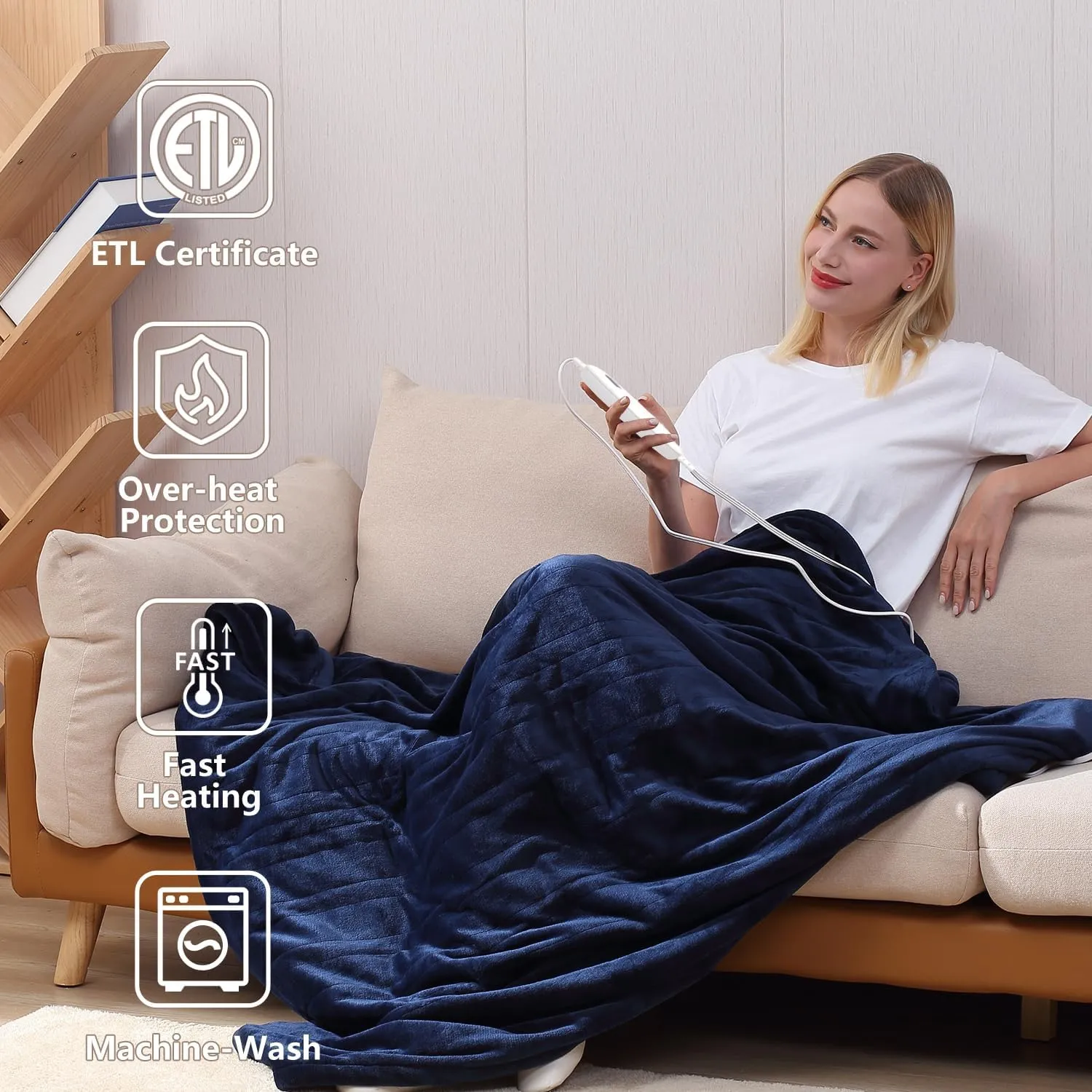 Tefici Electric Heated Blanket Throw, Super Cozy Soft 2-Layer Flannel 50" x 60" Heated Throw with 6 Heating Levels & 4 Hours Auto Off, Machine Washable, ETL&FCC Certified, Home Office Use,Blue