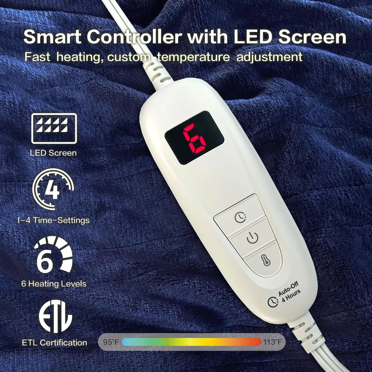 Tefici Electric Heated Blanket Throw, Super Cozy Soft 2-Layer Flannel 50" x 60" Heated Throw with 6 Heating Levels & 4 Hours Auto Off, Machine Washable, ETL&FCC Certified, Home Office Use,Blue