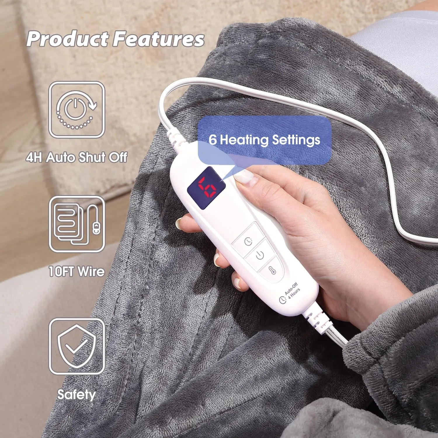 Tefici Electric Heated Blanket Throw, Super Cozy Soft 2-Layer Flannel 50" x 60" Heated Throw with 6 Heating Levels & 4 Hours Auto Off, Machine Washable, ETL&FCC Certified, Home Office Use,Grey