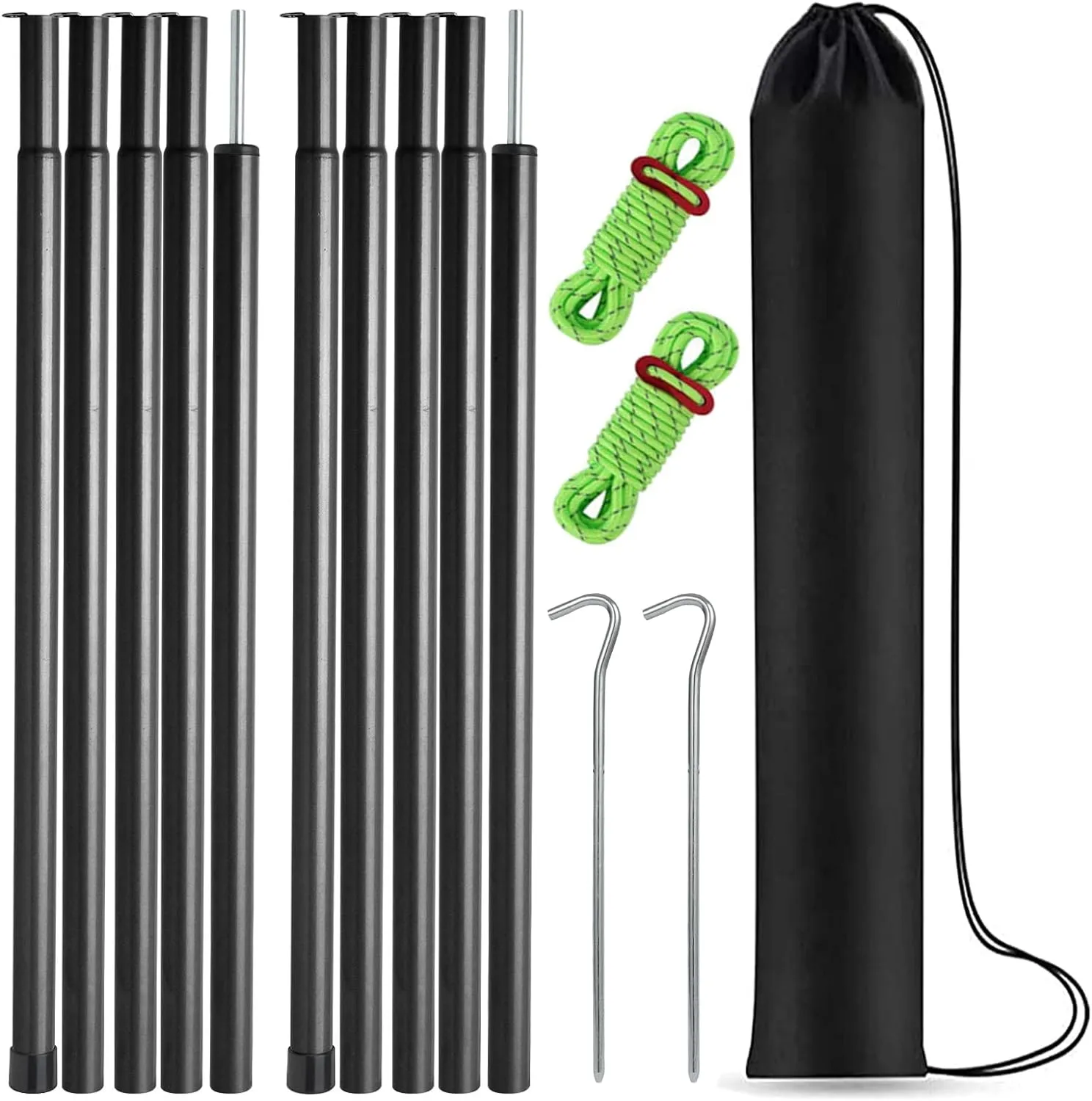 Tent Poles Adjustable Tarp Poles Steel Rods for Tarp Canopy Camping Replacement Set of 2  Pegs & Reflective Ropes