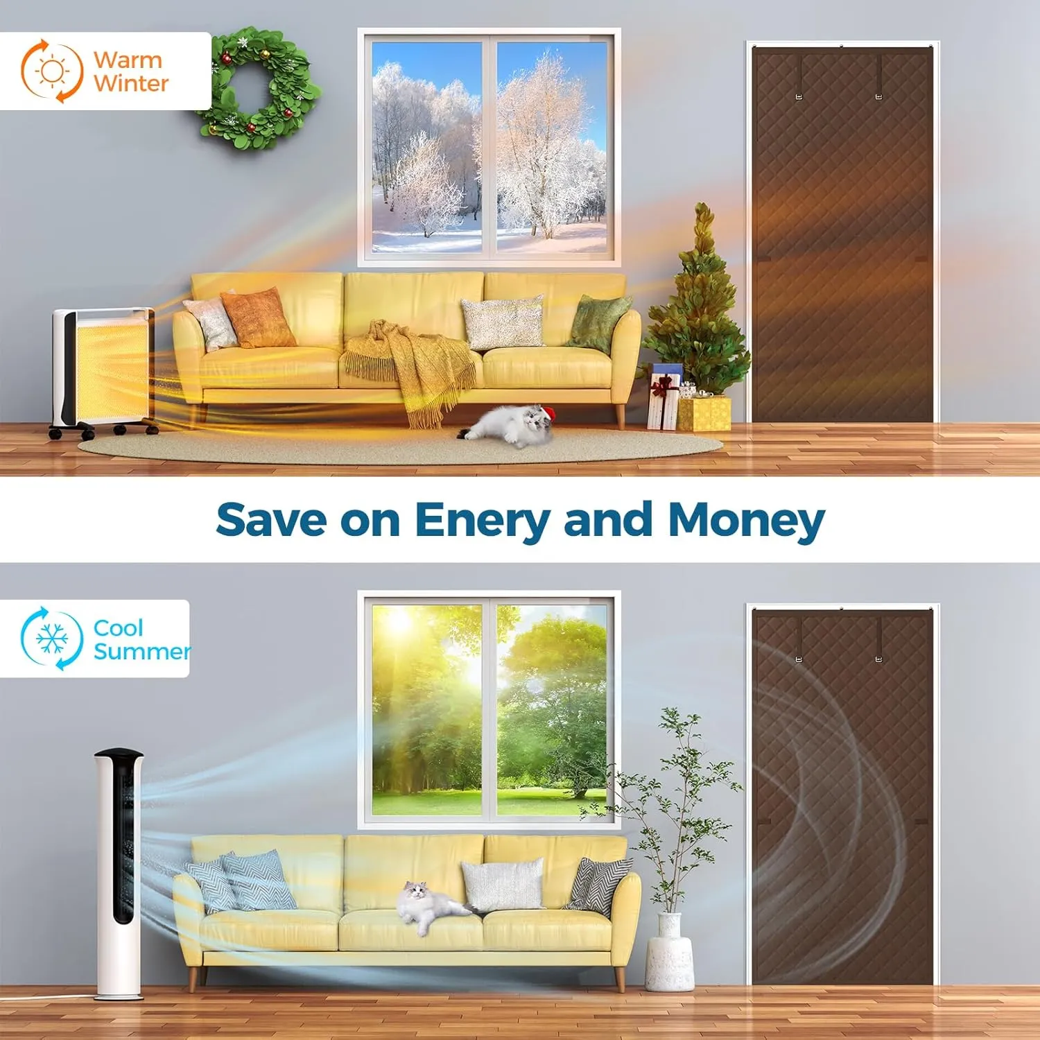 Thermal Insulated Door Curtain Fits Door Size 32 x 80 Inch, Oxford Cloth Thicken Cotton Filled, Curtain Size 35" x 82", Single Piece Door Insulation Blanket Cover for Cold in Winter, Brown