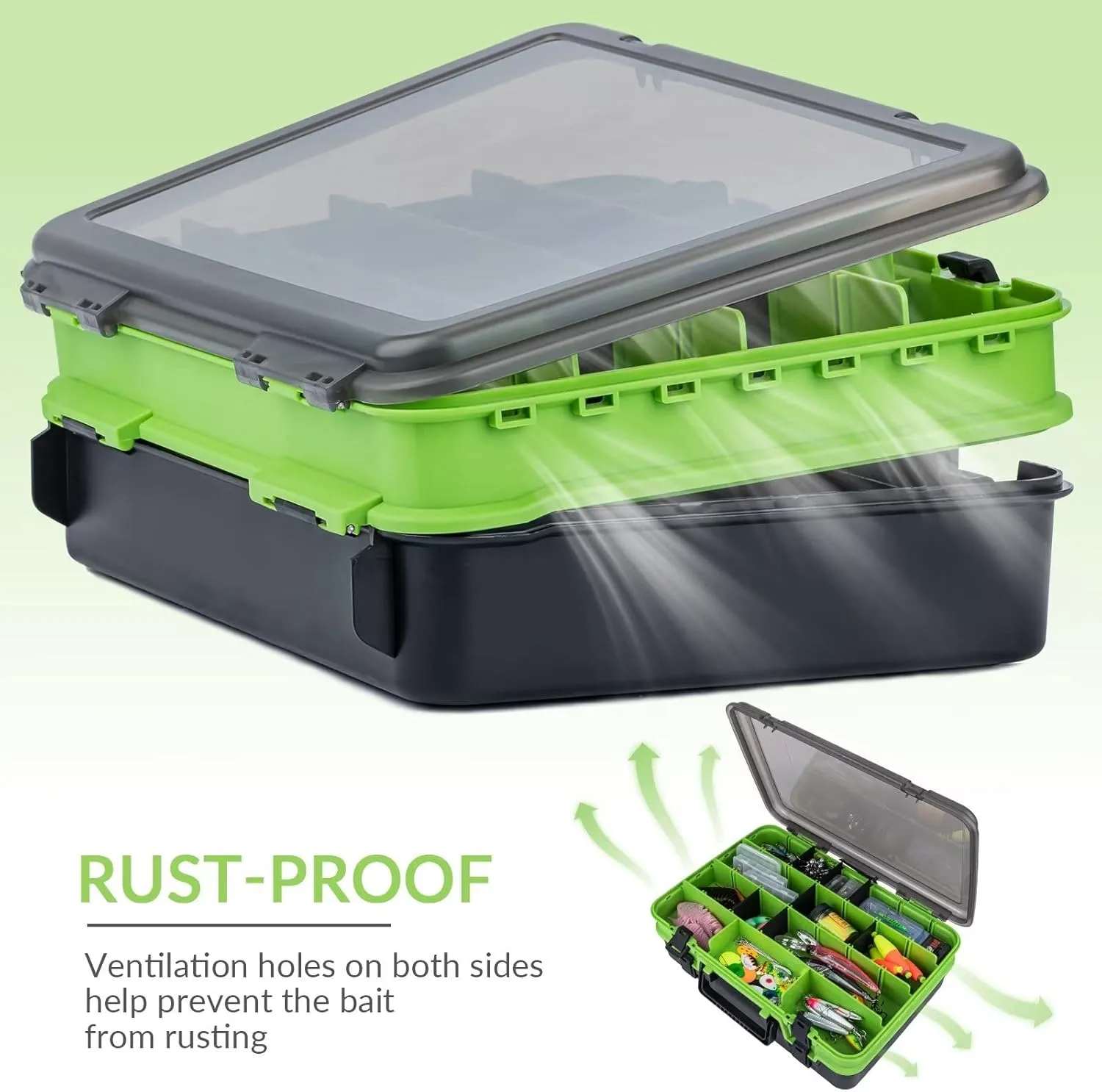 THKFISH Fishing Tackle Box Organizer Double Layer Tackle Storage Fishing Boxes Outdoor Box with Adjustable Dividers 14.96 * 10.23 * 4.5in Green
