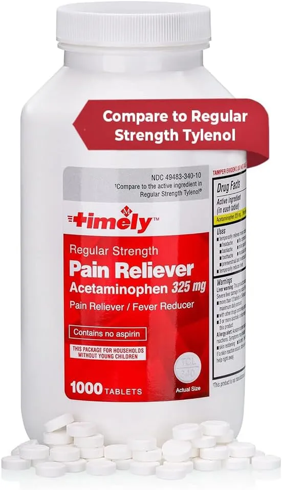 Timely Acetaminophen 325 MG Tablets 1000 Count - Regular Strength Pain Relief - Compared to the active ingredient in Regular Strength Tylenol - Menstrual Cramps, Fever Reducer, Minor Pain of Arthritis