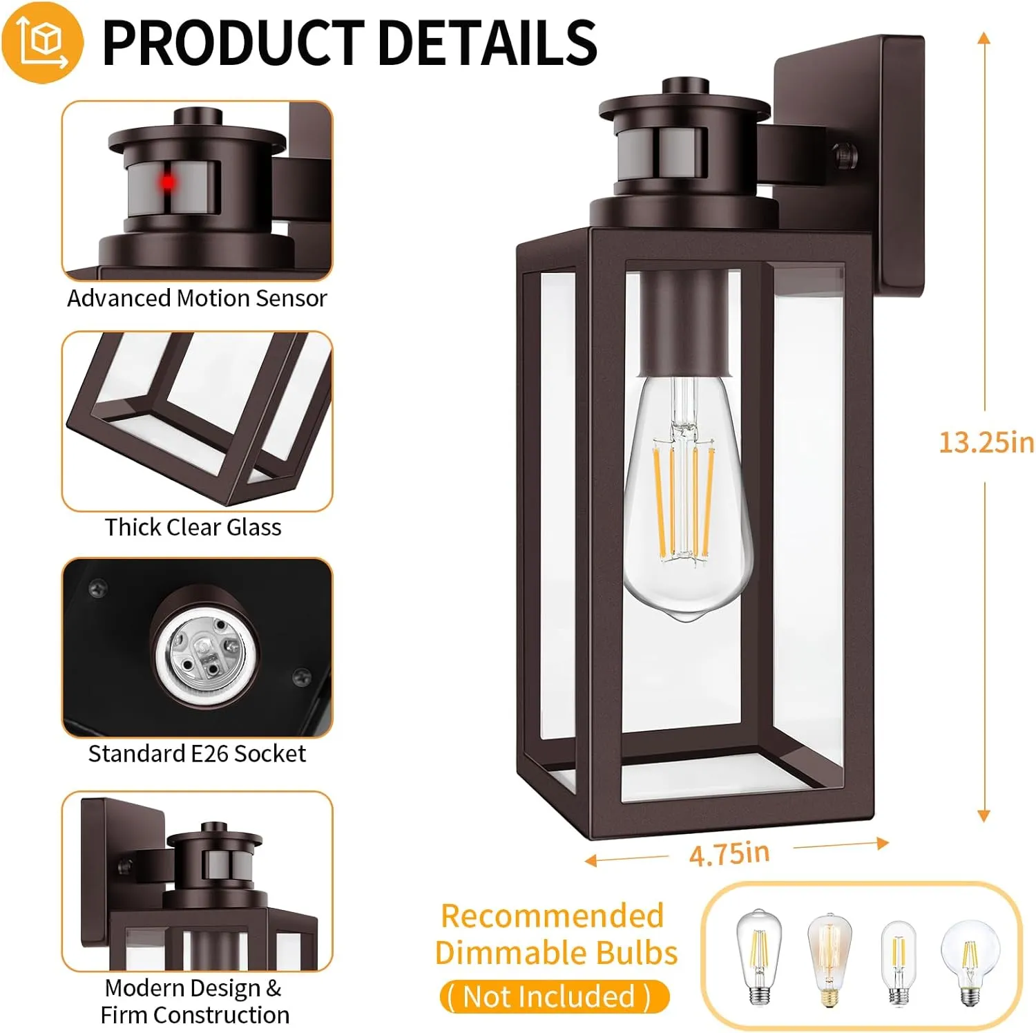 TOBUSA 2-Pack Motion Sensor Outdoor Wall Lights, Waterproof Dusk to Dawn Exterior Wall Light Fixtures, Modern Brown Outside Porch Lights for House Garage, Motion Sensor Wall Lanterns with Clear Glass