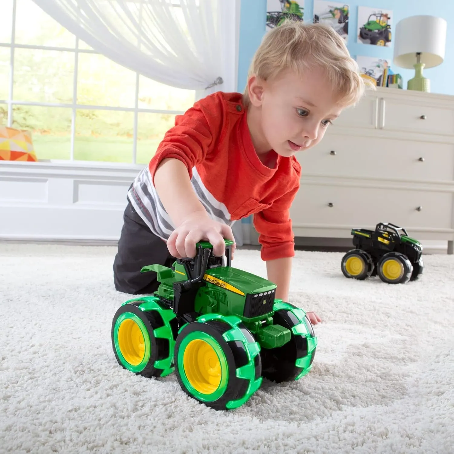 TOMY Monster Treads Lightning Wheels - John Deere Tractor - Motion Activated Light Up Monster Truck Toy - John Deere Tractor Toys with Monster Truck Tires - Ages 3 Years and Up