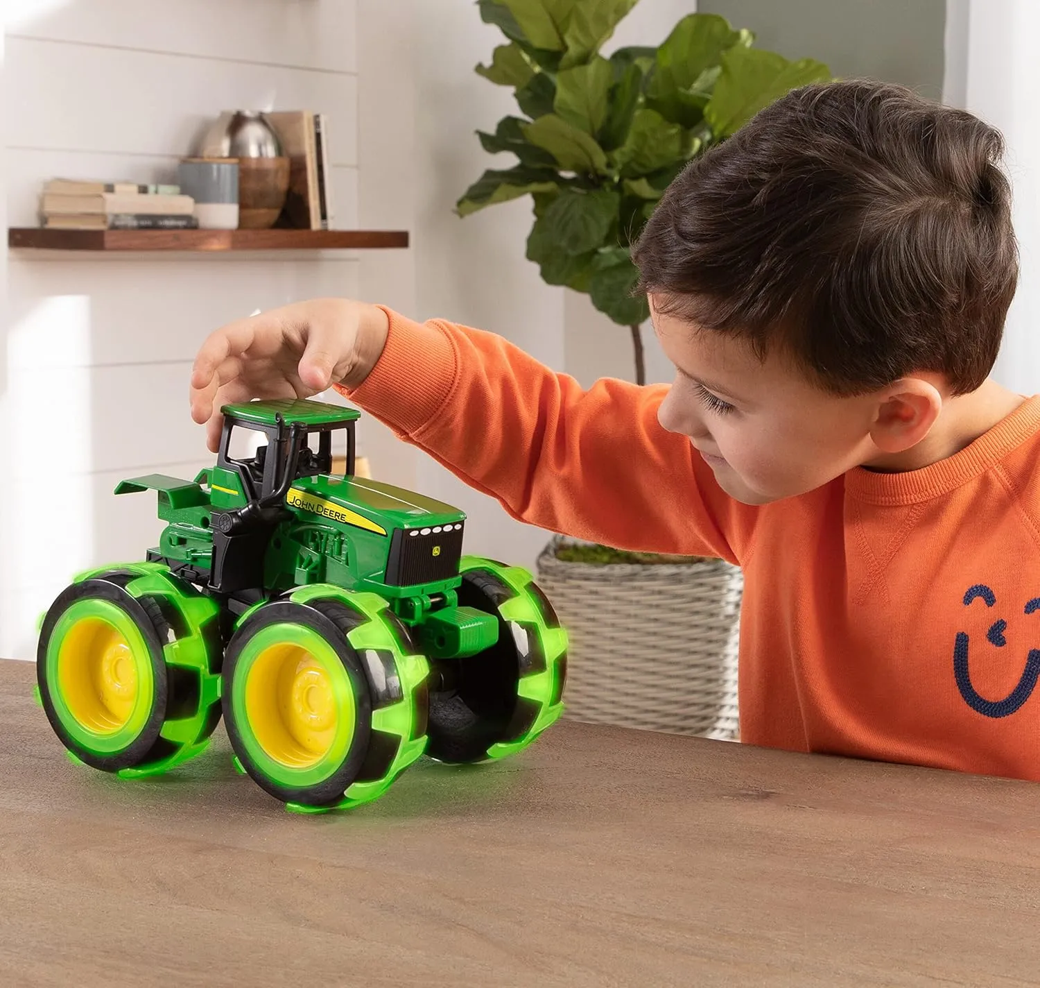TOMY Monster Treads Lightning Wheels - John Deere Tractor - Motion Activated Light Up Monster Truck Toy - John Deere Tractor Toys with Monster Truck Tires - Ages 3 Years and Up