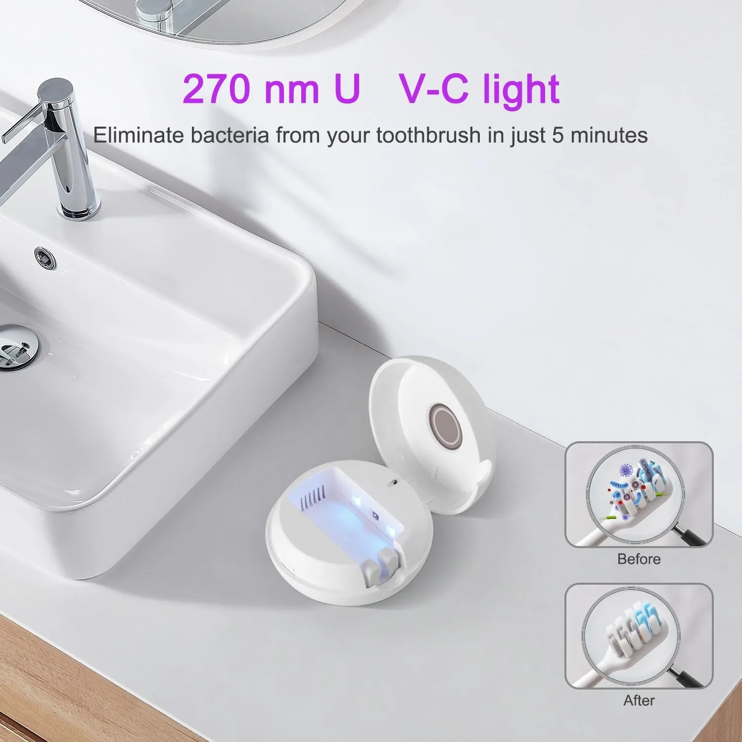 Toothbrush Holder, Toothbrush Cleaner Case, Portable USB Charging Toothbrush Cover with U V-C Light, Travel Toothbrush Holder (White-Mirror)