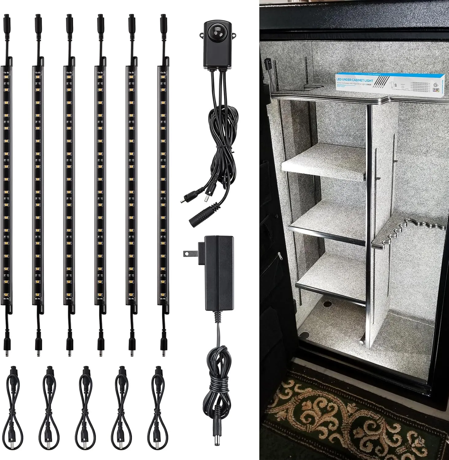 TORCHSTAR LED Safe Lighting Kit, (6) 12 Inch Linkable Light Bars   Motion Sensor   UL Power Adapter, 900LM, Input 100-240V, for Under Cabinet Gun Safe Locker Closet Showcase, 5000K Daylight
