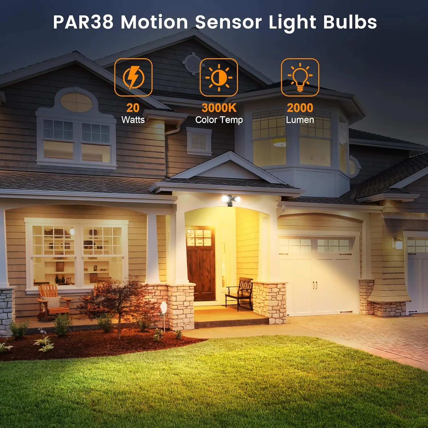 Torkase PAR38 Motion Sensor Flood Light Bulbs, Motion Activated Outdoor Lighting,200 Watt Equivalent(20W) 2000LM, 3000K Warm White,LED Flood Light for Backyard, Garage, Porch, Garden,2 Pack