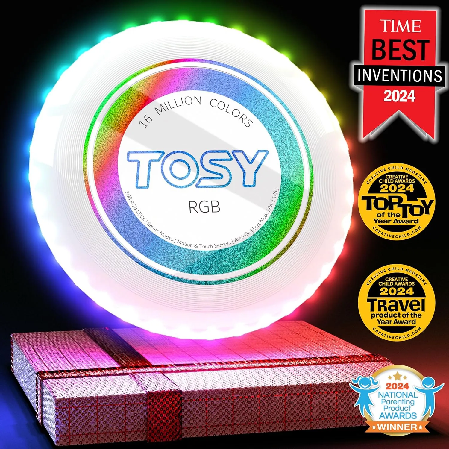 TOSY Flying Disc - 16 Million Colors RGB, Extremely Bright, Smart Modes, Camping Essentials for Teens/Kids/Adults/Men/Boys/Girls, Auto Light Up, Patented, Rechargeable, Waterproof, 175g