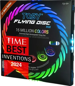 TOSY Flying Disc - 16 Million Colors RGB, Extremely Bright, Smart Modes, Camping Essentials for Teens/Kids/Adults/Men/Boys/Girls, Auto Light Up, Patented, Rechargeable, Waterproof, 175g