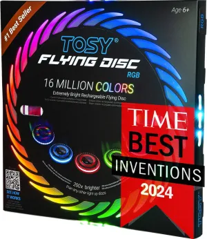 TOSY Flying Disc - 16 Million Colors RGB or 36 LEDs, Extremely Bright, Smart Modes, 4th of July Camping Essentials for Teens/Kids/Adults/Men/Boys/Girls, Auto Light Up, Rechargeable, Waterproof, 175g