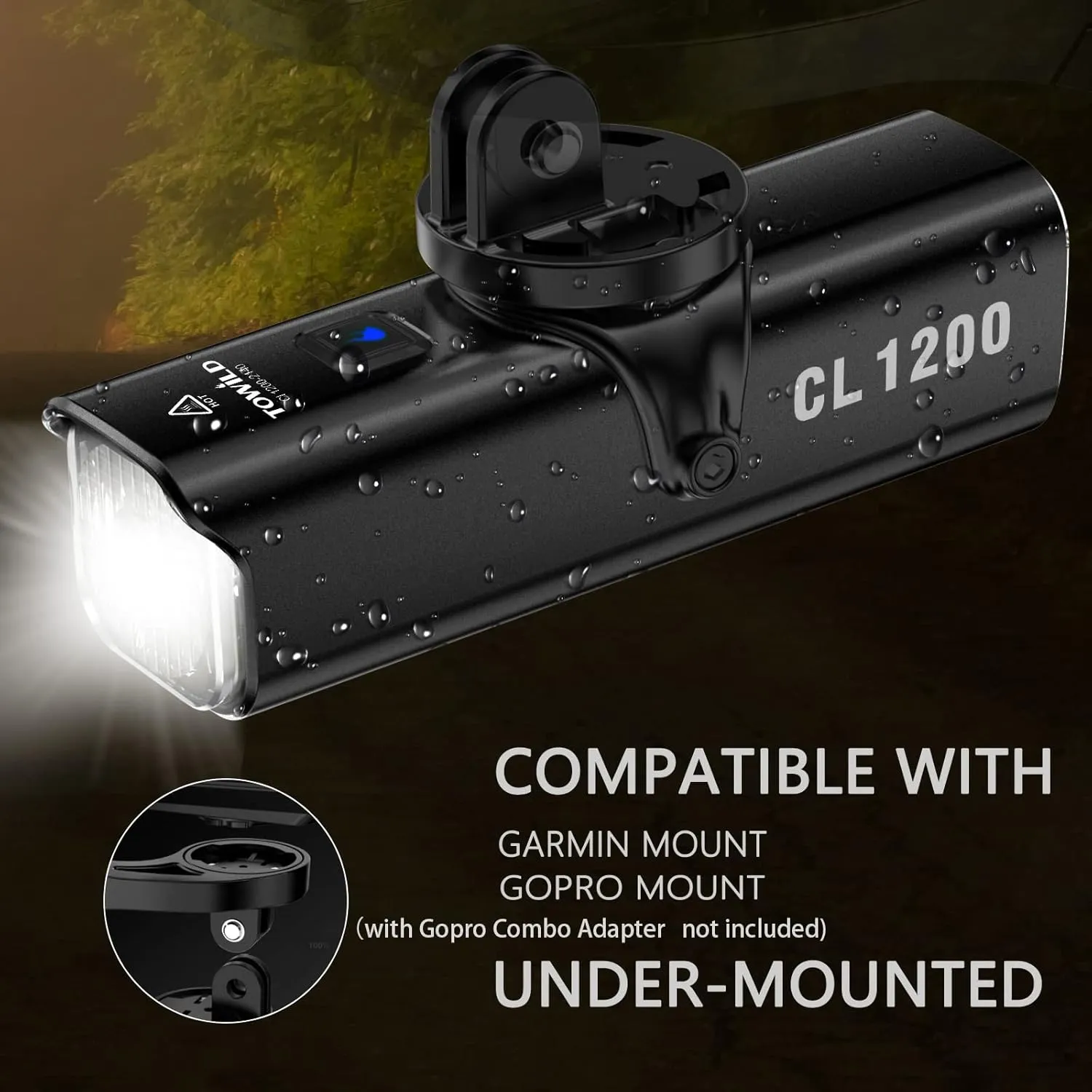 TOWILD CL1200 Bike Lights for Night Riding,Compatible with Garmin/GoPro Mount,1200 Lumen Bright Bike Headlight,4000mAh Rechargeable Battery,Waterproof Bike Front Light for Commuter Cyclists