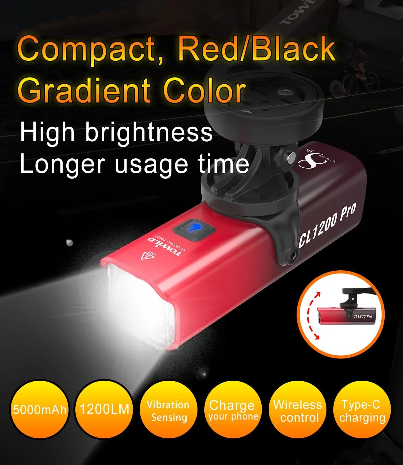 TOWILD CL1200 Bike Lights for Night Riding,Compatible with Garmin/GoPro Mount,1200 Lumen Bright Bike Headlight,4000mAh Rechargeable Battery,Waterproof Bike Front Light for Commuter Cyclists