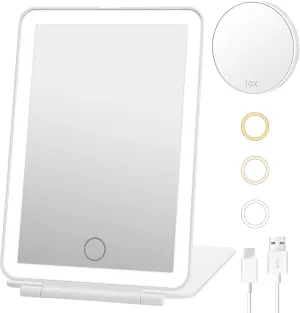 Travel Makeup Mirror with 10X Magnifying Mirror, Vanity Mirror with 80 Led Lights, 3 Colors Light Modes, Rechargeable 2000mAh Batteries, Dimmable Touch Screen, Travel Accessories for Women