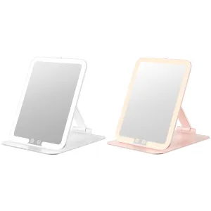 Travel Makeup Mirror with Light, Portable Folding Lighted Travel Makeup Mirror with 72 LEDs, Rechargeable Compact Vanity Mirror with 3 Dimmable Color Lights, White and Pink