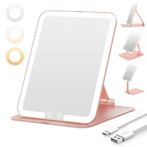 Travel Makeup Mirror with Light, Portable Folding Lighted Travel Makeup Mirrot with 72 LEDs, Rechargeable Compact Vanity Mirror with 3 Dimmable Color Lights, Adjustable Stand, Rose Gold