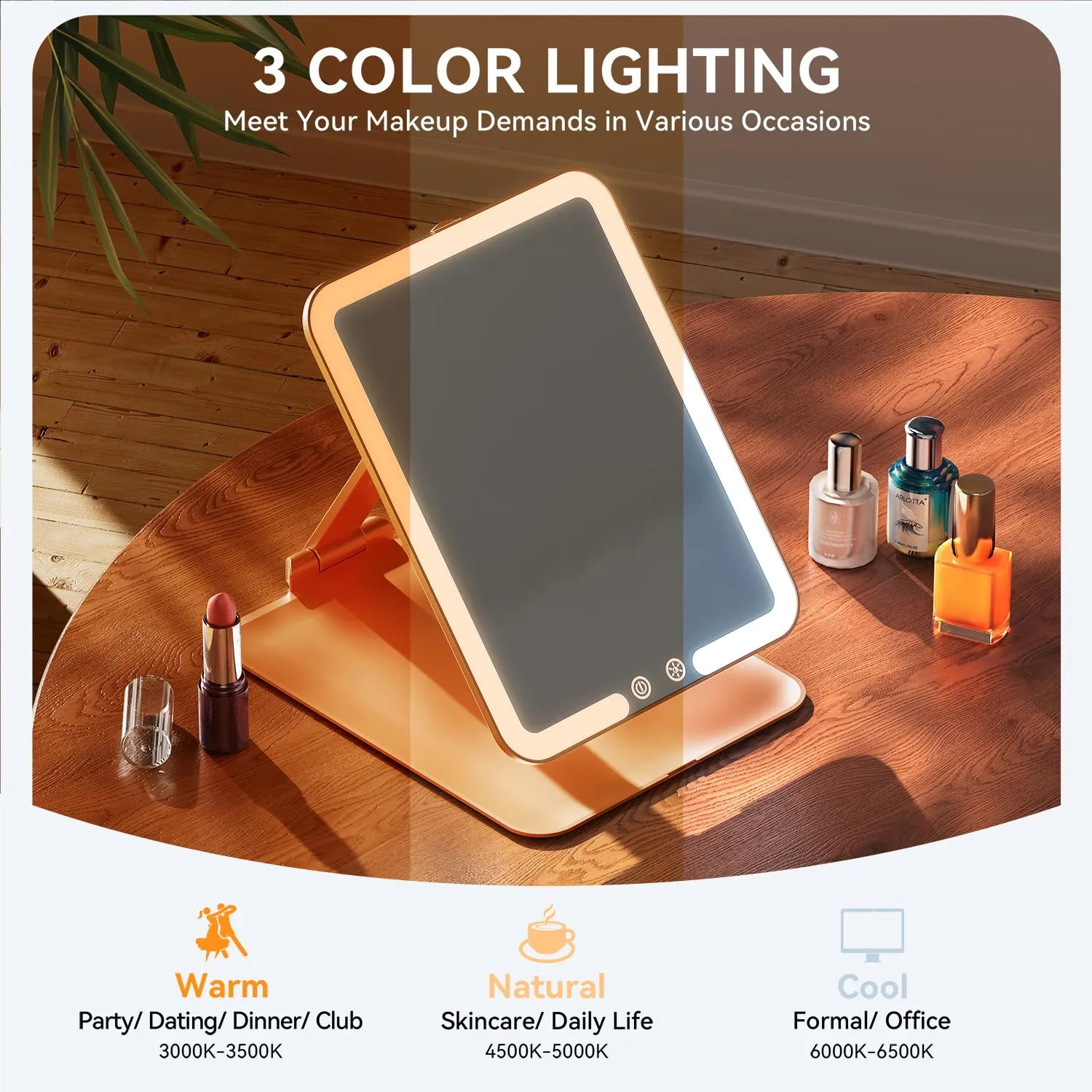 Travel Makeup Mirror with Light, Portable Folding Lighted Travel Makeup Mirrot with 72 LEDs, Rechargeable Compact Vanity Mirror with 3 Dimmable Color Lights, Adjustable Stand, Rose Gold