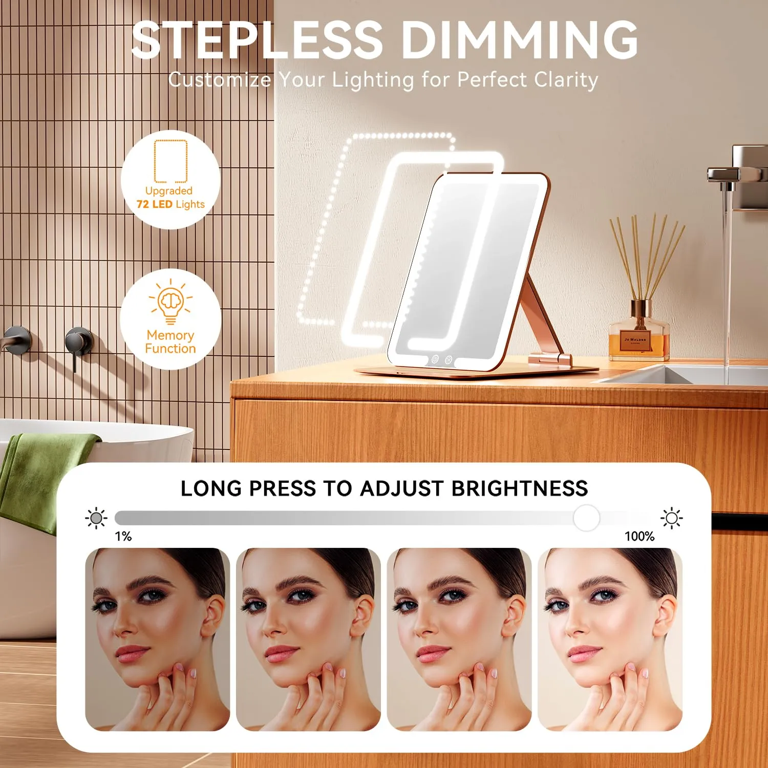 Travel Makeup Mirror with Light, Portable Folding Lighted Travel Makeup Mirrot with 72 LEDs, Rechargeable Compact Vanity Mirror with 3 Dimmable Color Lights, Adjustable Stand, Rose Gold