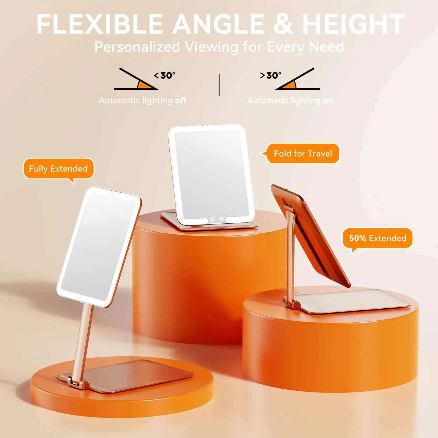 Travel Makeup Mirror with Light, Portable Folding Lighted Travel Makeup Mirrot with 72 LEDs, Rechargeable Compact Vanity Mirror with 3 Dimmable Color Lights, Adjustable Stand, Rose Gold