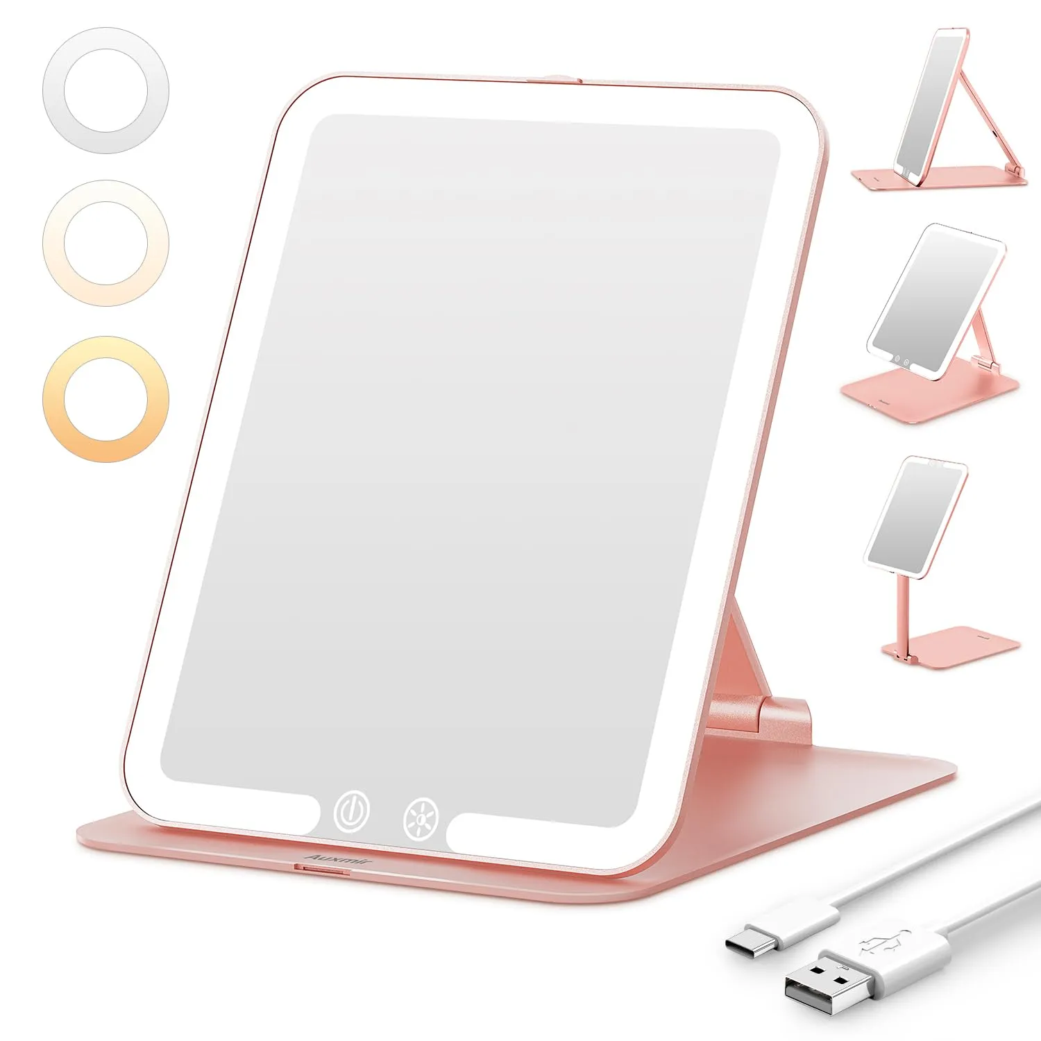 Travel Makeup Mirror with Light, Portable Folding Lighted Travel Makeup Mirrot with 72 LEDs, Rechargeable Compact Vanity Mirror with 3 Dimmable Color Lights, Adjustable Stand, Rose Gold