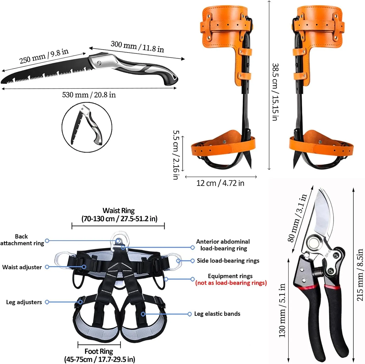 Tree Climbing Gear，Tree Climbing Spikes, Tree Climbing Gear with Adjustable Climbing Straps and Steel Core Flip Line, Rock Climbing Kit with Triple Lock Lanyard Adjuster