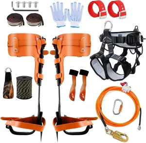 Tree Climbing Spikes Set,Tree Climbing Gear with Adjustable Climbing Belt, Arborist Tree Climbing Kit with Steel Wire Core Flip Line, Height Adjustable Tree Climbing Equipment for Tree Work, Orange