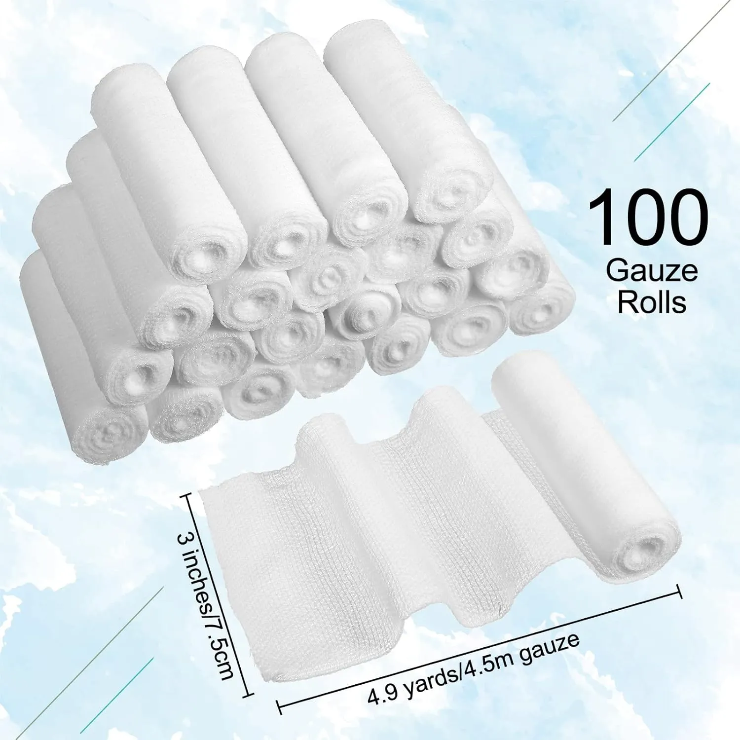 Treela 100 Rolls Gauze Bandage, 3 in x 5 Yards, Elastic Bandages Individual Packaging Sterile Non Latex First Aid Pads Medical Breathable Gauze Roll Wrap for Safety Wound Caring and Supplies