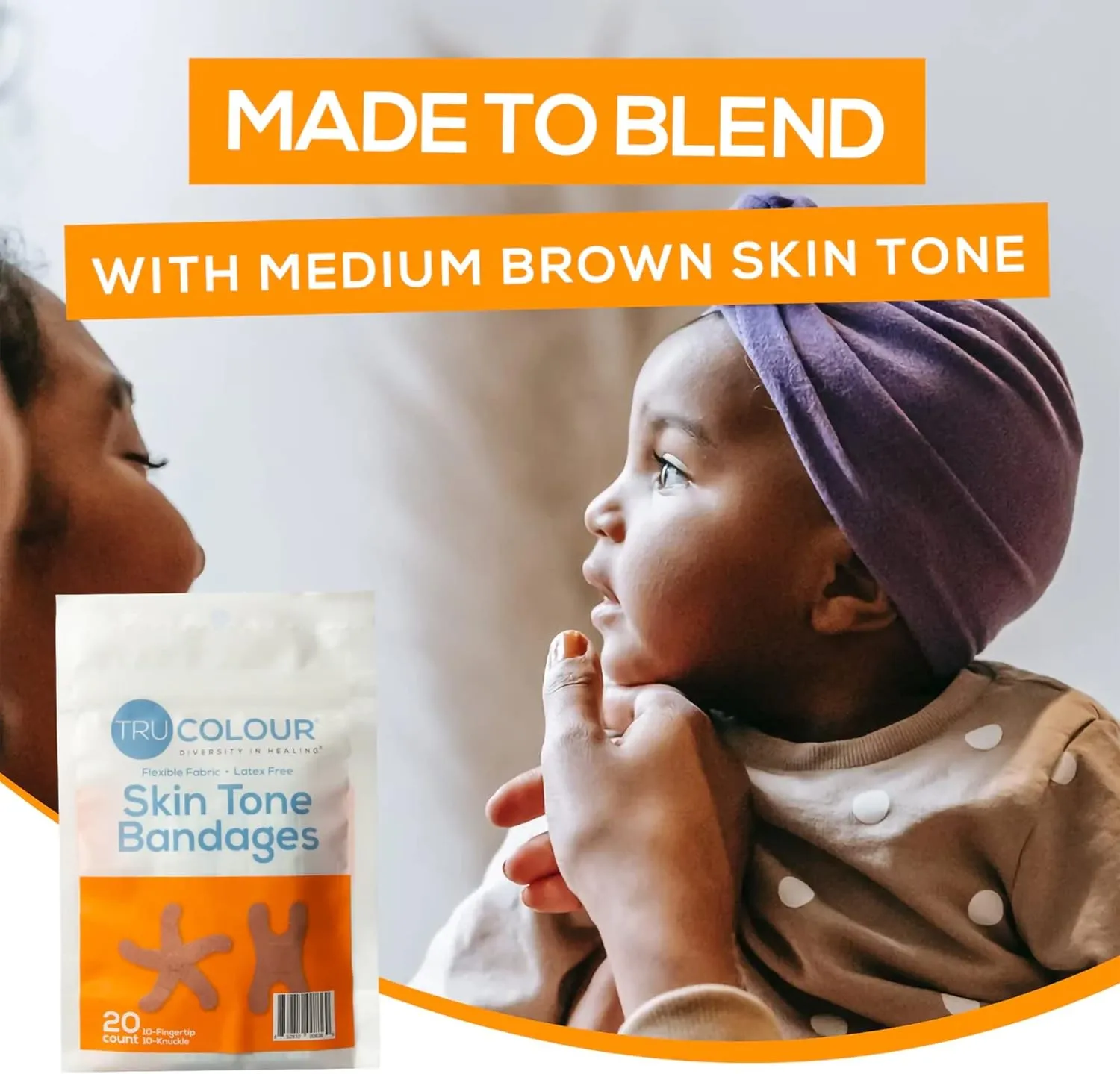 Tru Colour - Knuckle and Fingertip Bandages, Flexible Fabric Adhesive Bandages, Brown Skin Tone Shade, Orange Bag, 20 Count