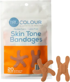 Tru Colour - Knuckle and Fingertip Bandages, Flexible Fabric Adhesive Bandages, Brown Skin Tone Shade, Orange Bag, 20 Count