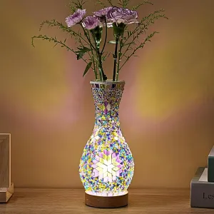 Turkish Mosaic Table Lamp, Moroccan Style Colorful Handmade Glass Vase, USB Tiffany Mosaic Table Night Light for Bedroom, Living Room Decor, 9" Height