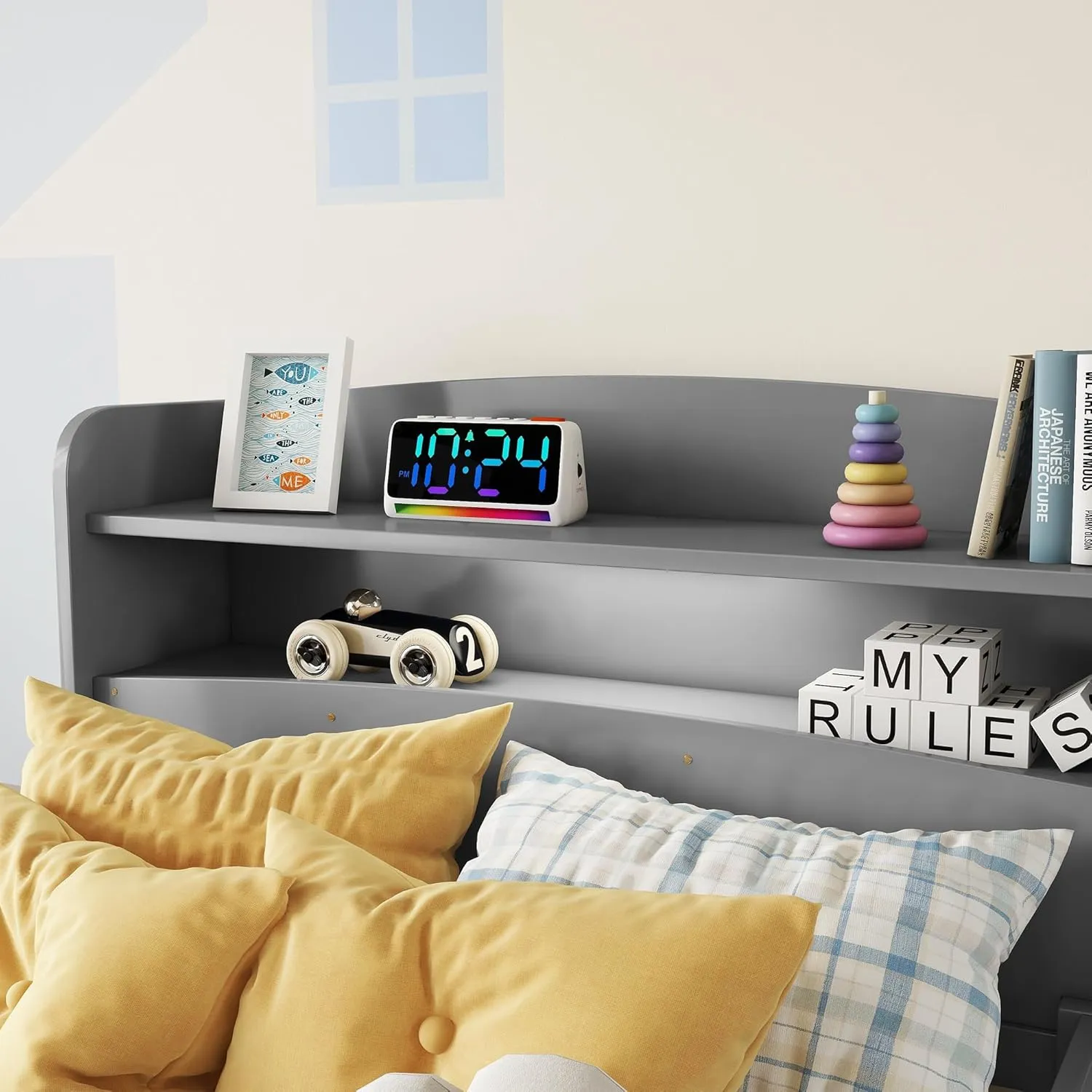 Twin Size Bed Frame with Bookcase Headboard, Pine Wood Platform Bed with Guardrails, LED Motion Sensor Light, Captains Storage Beds for Girls, Boys, No Box Spring Needed, Grey