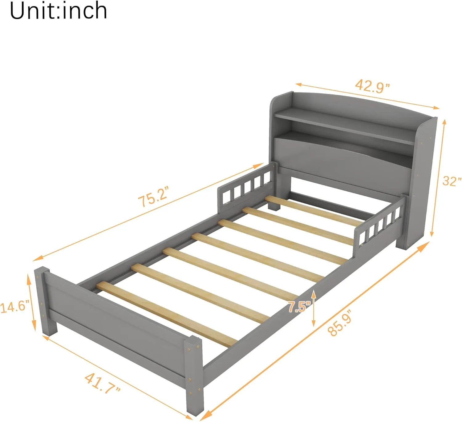 Twin Size Bed Frame with Bookcase Headboard, Pine Wood Platform Bed with Guardrails, LED Motion Sensor Light, Captains Storage Beds for Girls, Boys, No Box Spring Needed, Grey