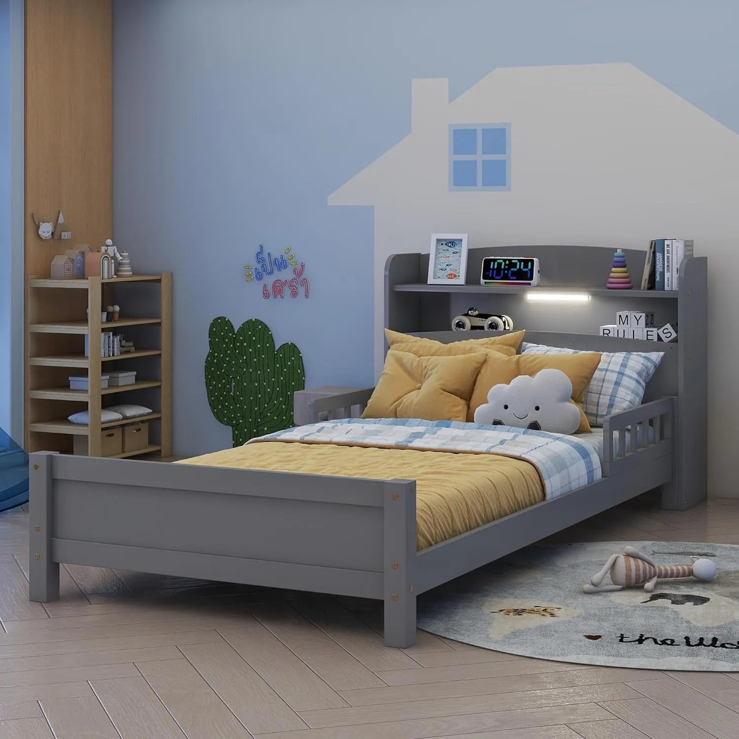 Twin Size Bed Frame with Bookcase Headboard, Pine Wood Platform Bed with Guardrails, LED Motion Sensor Light, Captains Storage Beds for Girls, Boys, No Box Spring Needed, Grey
