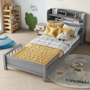 Twin Size Bed Frame with Bookcase Headboard, Pine Wood Platform Bed with Guardrails, LED Motion Sensor Light, Captains Storage Beds for Girls, Boys, No Box Spring Needed, Grey