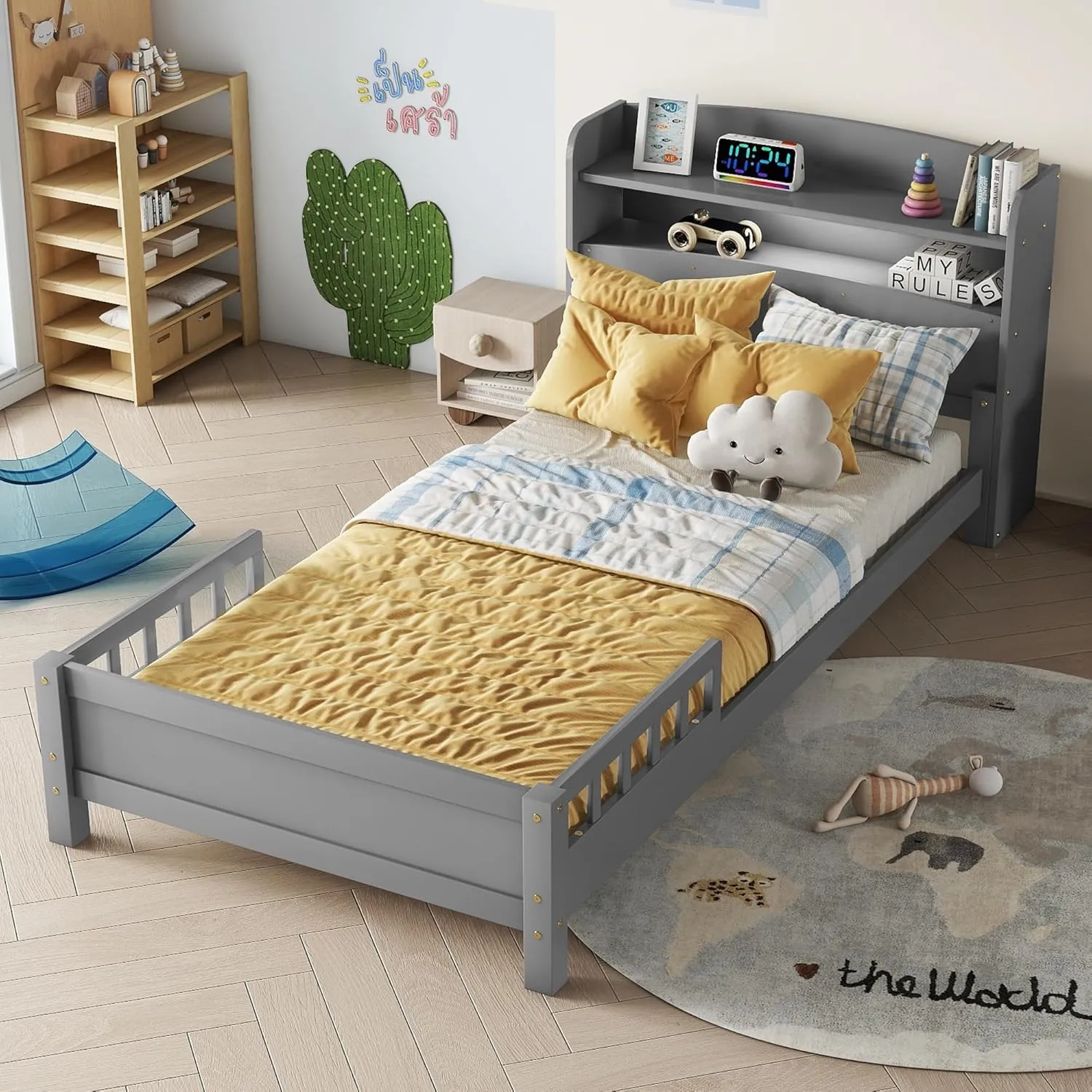 Twin Size Bed Frame with Bookcase Headboard, Pine Wood Platform Bed with Guardrails, LED Motion Sensor Light, Captains Storage Beds for Girls, Boys, No Box Spring Needed, Grey