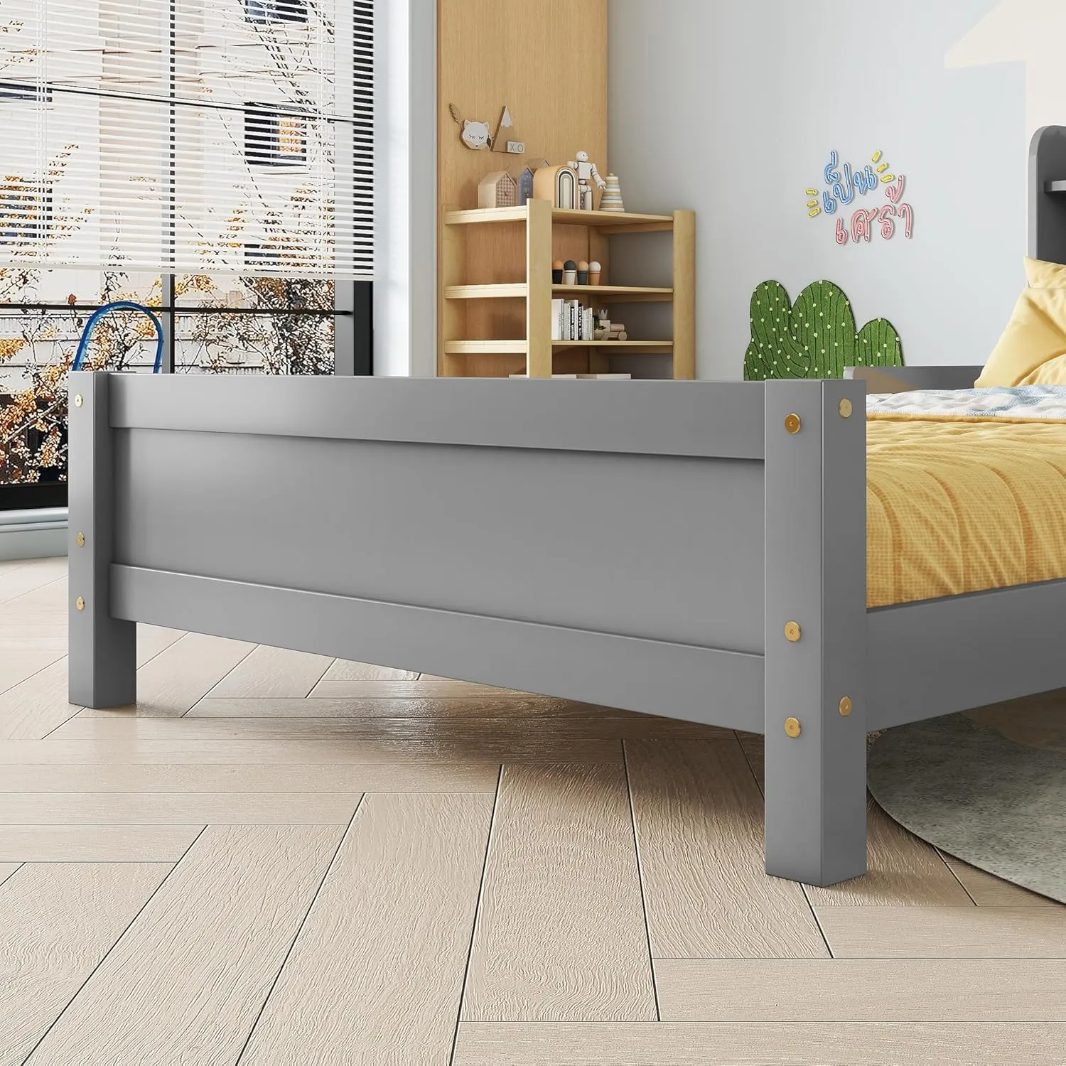 Twin Size Bed Frame with Bookcase Headboard, Pine Wood Platform Bed with Guardrails, LED Motion Sensor Light, Captains Storage Beds for Girls, Boys, No Box Spring Needed, Grey