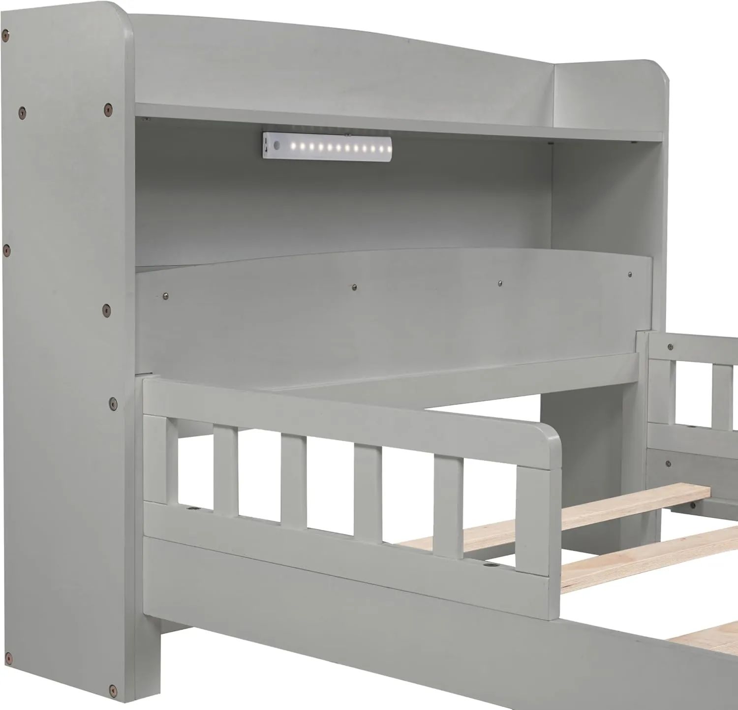 Twin Size Bed Frame with Bookcase Headboard, Pine Wood Platform Bed with Guardrails, LED Motion Sensor Light, Captains Storage Beds for Girls, Boys, No Box Spring Needed, Grey