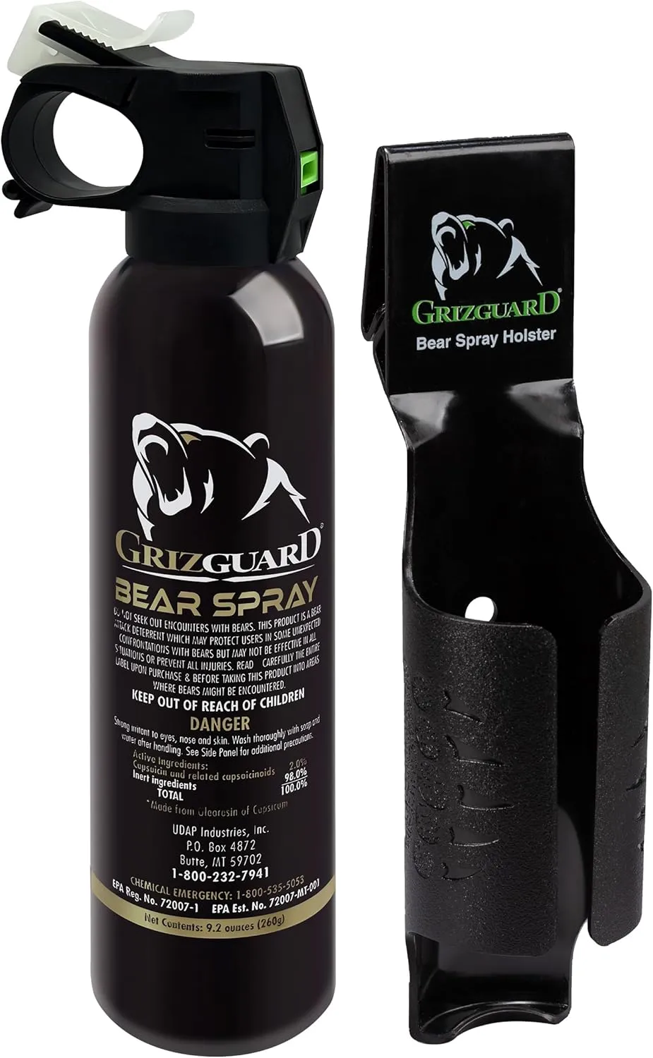 UDAP Griz Guard Bear Pepper Spray Self Defense Deterrent with Holster for Camping, Hiking, Fishing, Powerful Blast Pattern, 30 ft Fog Barrier, 260GG, 9.2 oz