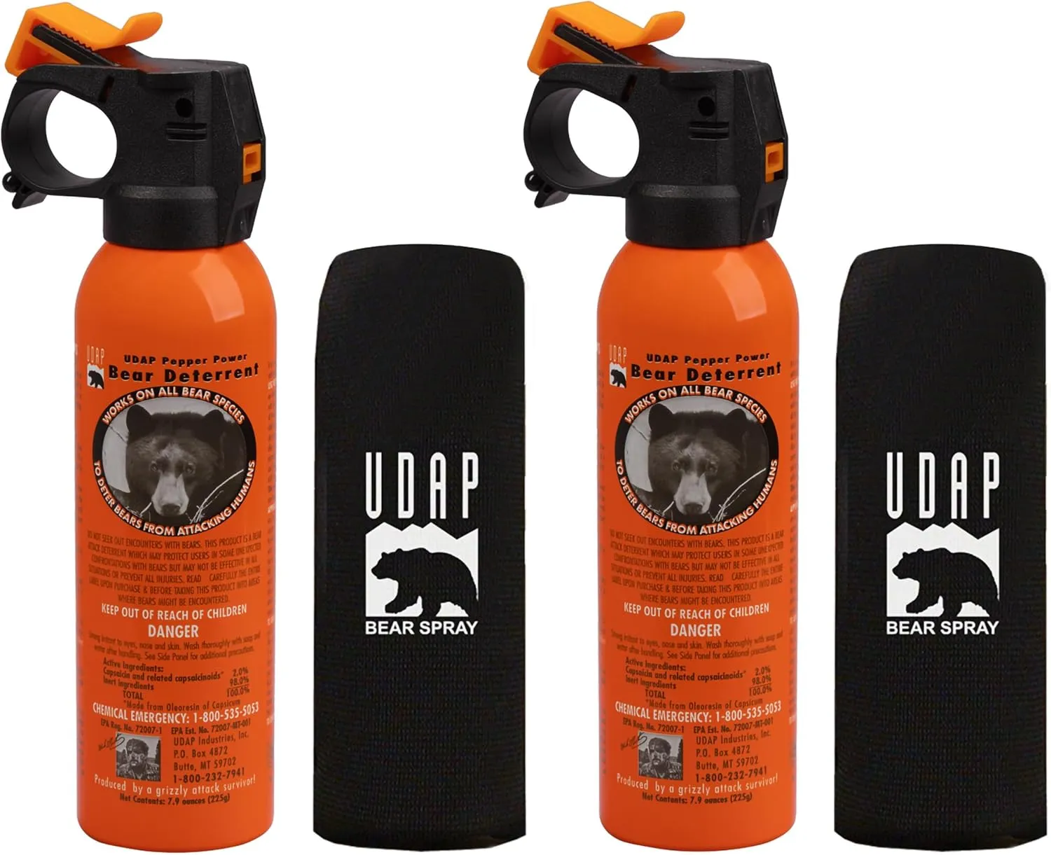 UDAP Pepper Power Bear Spray Self Defense Deterrent with Holster for Camping, Hiking, Fishing, Powerful Blast Pattern, 30 ft Fog Barrier, Safety Orange, SO2, 7.9 oz, 2 Pack