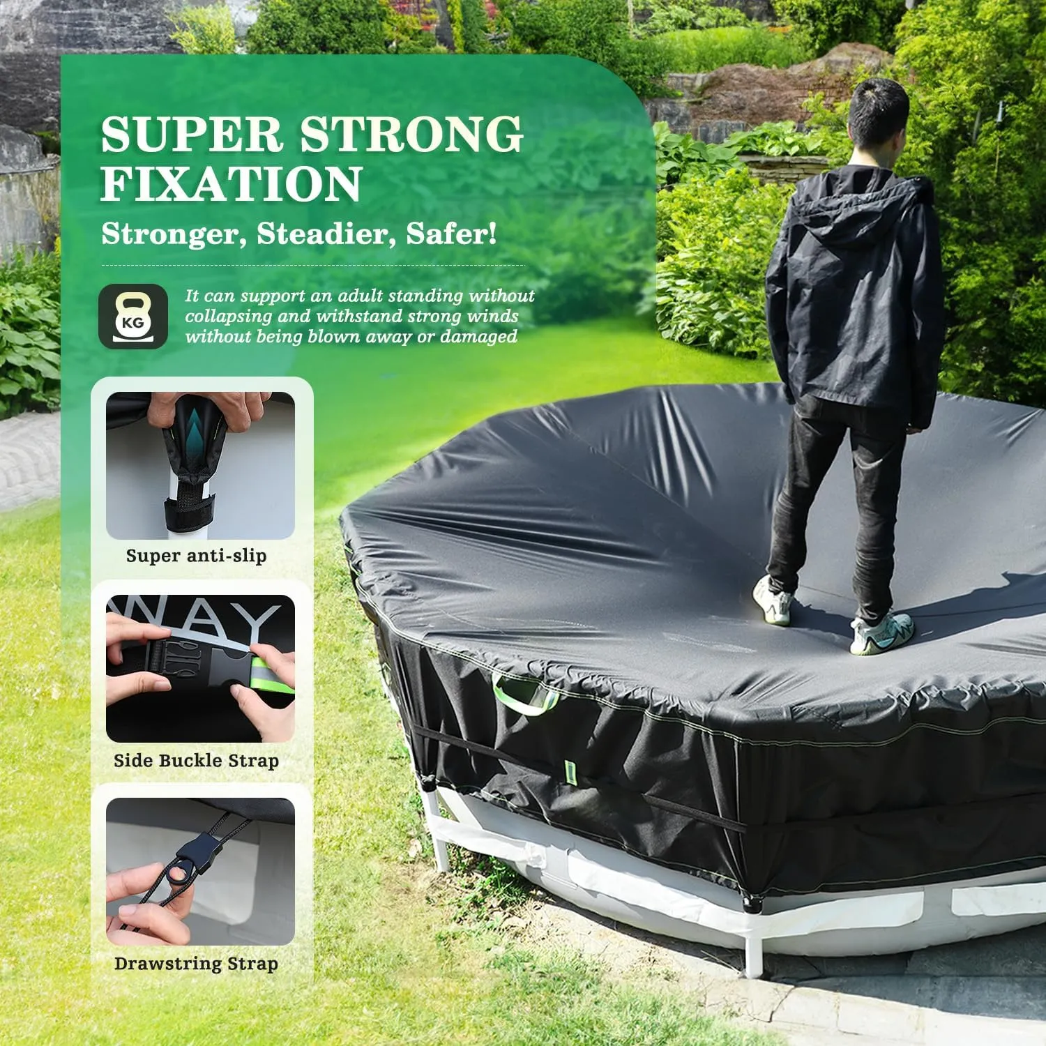 UIRWAY 500D Pool Cover 24FT Round [2025 Upgraded Heavy Duty Fabric] Solar Pool Covers for Above Ground Pools, New Super Windproof Gel-Coated Tarp Straps, Swimming Pool Covers with UV Protection