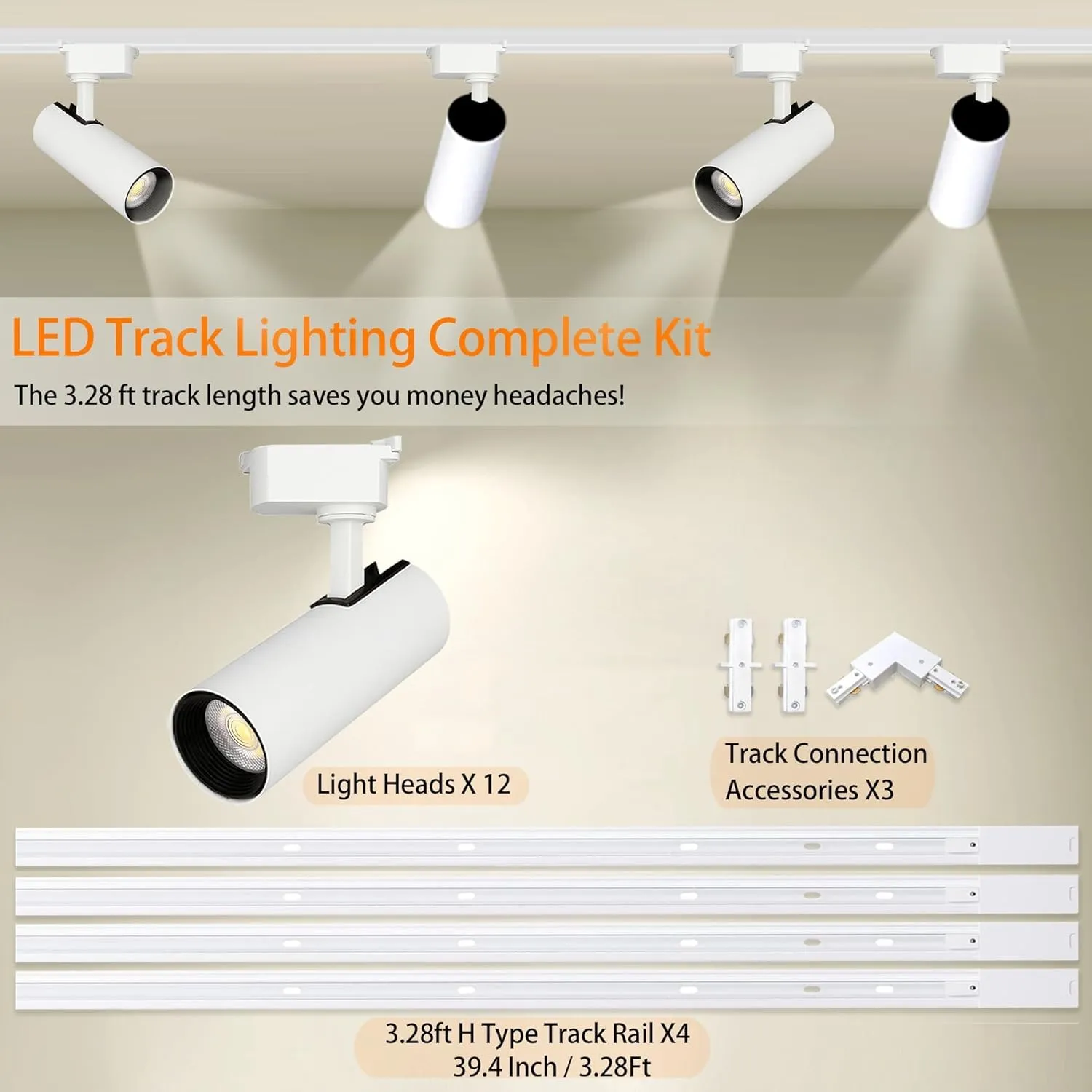 Ultra-Bright H Type Track Lighting Kit, 12 Heads 3000K Warm White 20W 2400lm with 13.1 FT Track Rails, Dimmable and Energy-Saving Plug in LED Track Light Fixture