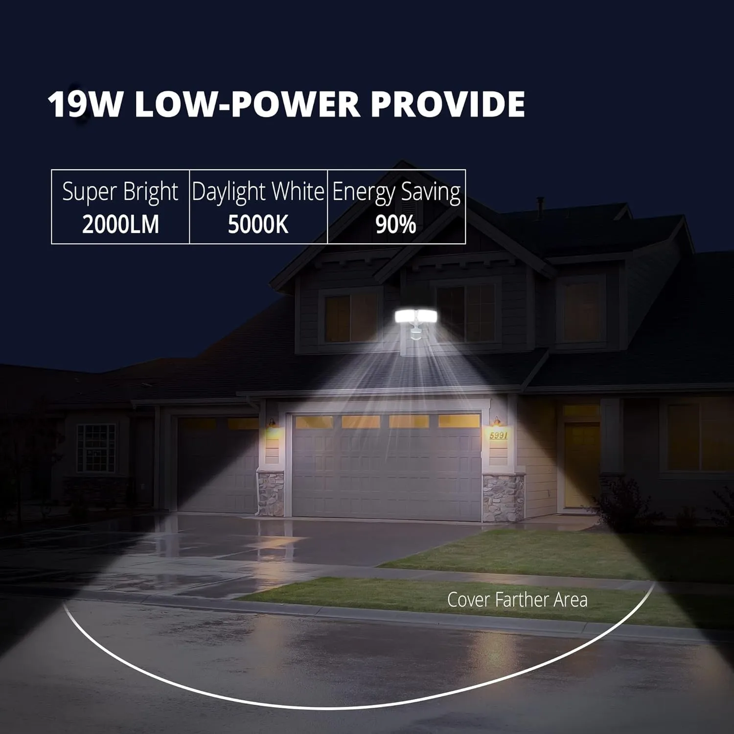 UME 19W LED Security Lights Motion Sensor Light Outdoor, 2000LM Motion Flood Light, 5000K, IP65 Waterproof, 2 Adjustable Head Motion Detector Security Light for Exterior,Outside,Garage,Yard(White)