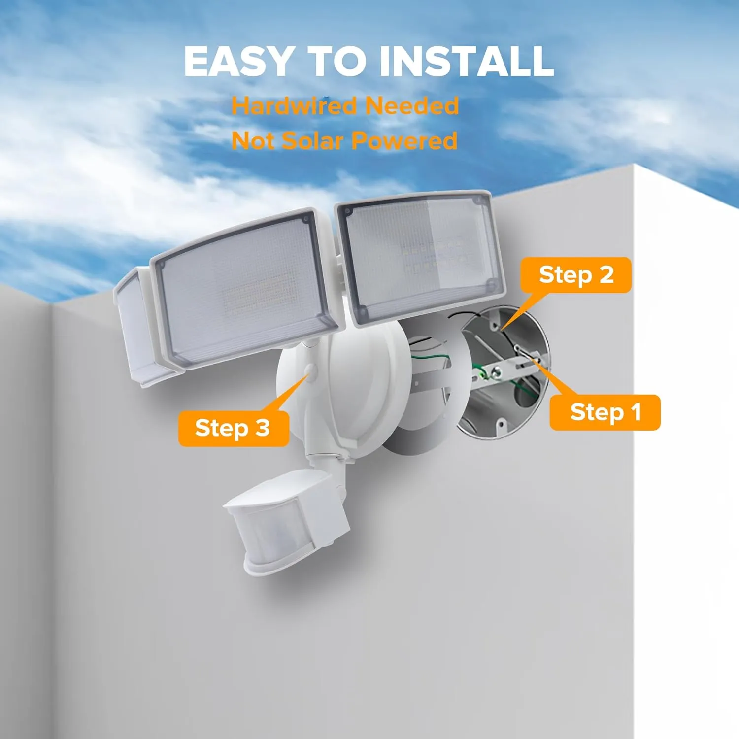 UME 2 Pack 5500LM LED Security Lights Motion Sensor Light Outdoor, 49W, 5000K Daylight, IP65 Waterproof, Dusk to Dawn, 3 Head Motion Detected Flood Light for Garage, Yard, Porch (White)