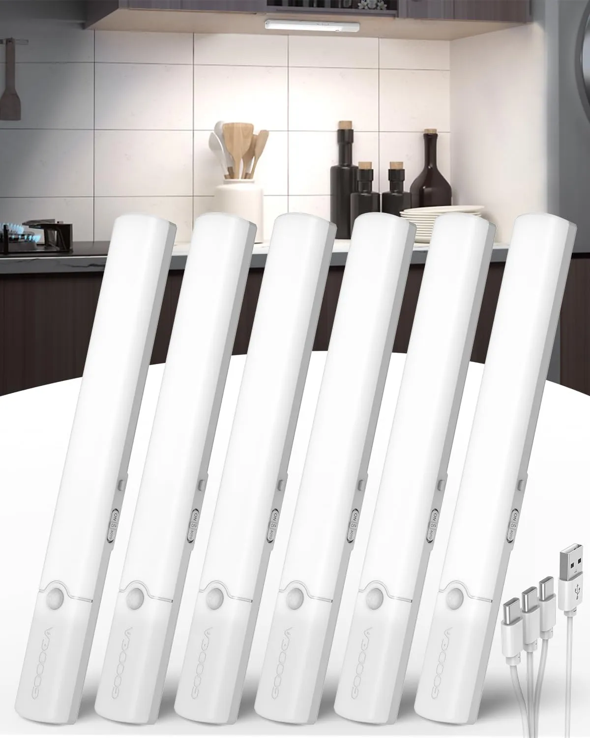 Under Cabinet Lighting, LED Motion Sensor Light Indoor, Wireless Rechargeable Battery Operated Under Cabinet Lights for Kitchen,Dimmble Closet Lights (6 Pack)