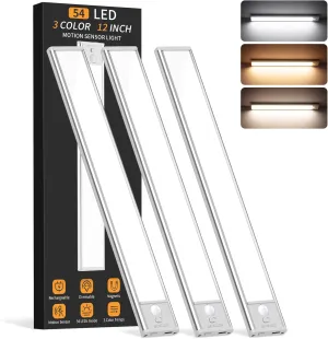 Under Cabinet Lighting Wireless, 54 LED Motion Sensor Light Indoor, 3 Color Dimmable Closet Lights Battery Operated, Rechargeable Magnetic Light, Under Counter Lights for Kitchen, Stairs, Home (3Pack)