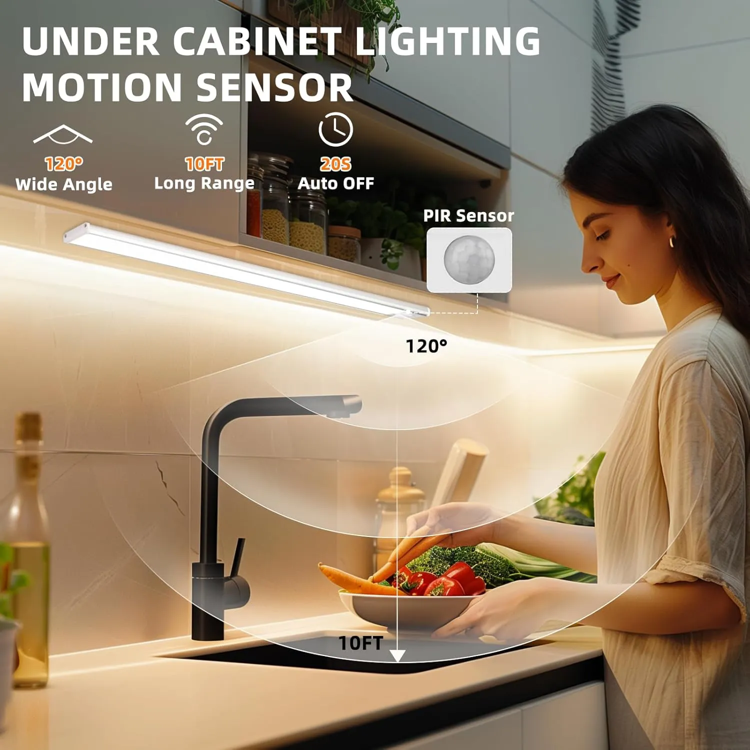Under Cabinet Lighting Wireless, 54 LED Motion Sensor Light Indoor, 3 Color Dimmable Closet Lights Battery Operated, Rechargeable Magnetic Light, Under Counter Lights for Kitchen, Stairs, Home (3Pack)