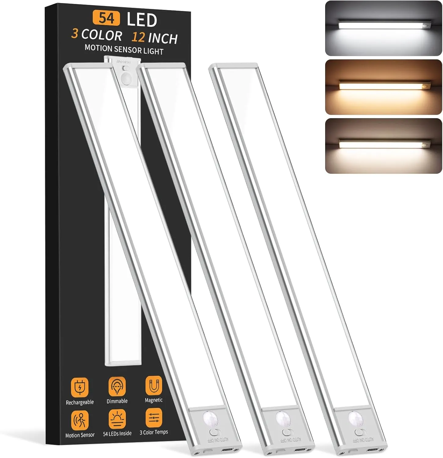 Under Cabinet Lighting Wireless, 54 LED Motion Sensor Light Indoor, 3 Color Dimmable Closet Lights Battery Operated, Rechargeable Magnetic Light, Under Counter Lights for Kitchen, Stairs, Home (3Pack)
