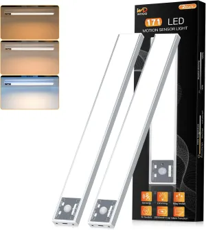 Under Cabinet Lights, 171 LED Motion Sensor Lights Indoor, 2600mAh Rechargeable Battery Closet Lights, 3 Color Temperature Under Counter Lighting for Kitchen, Stair and Hallway (2Pack, 16inch)